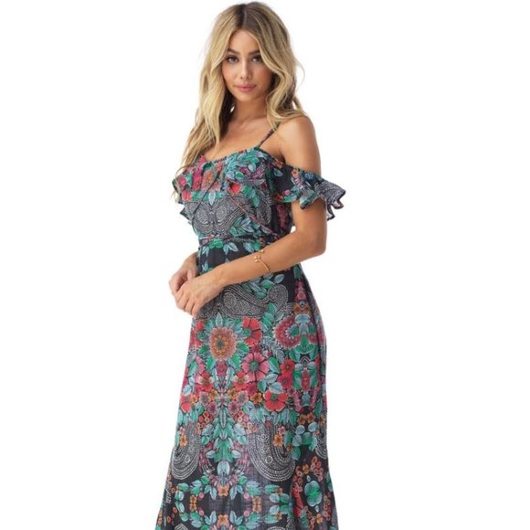 Sky Nesermy Beautiful Floral & Paisley Off the Shoulder Ruffle Top Maxi Dress - Picture 3 of 16